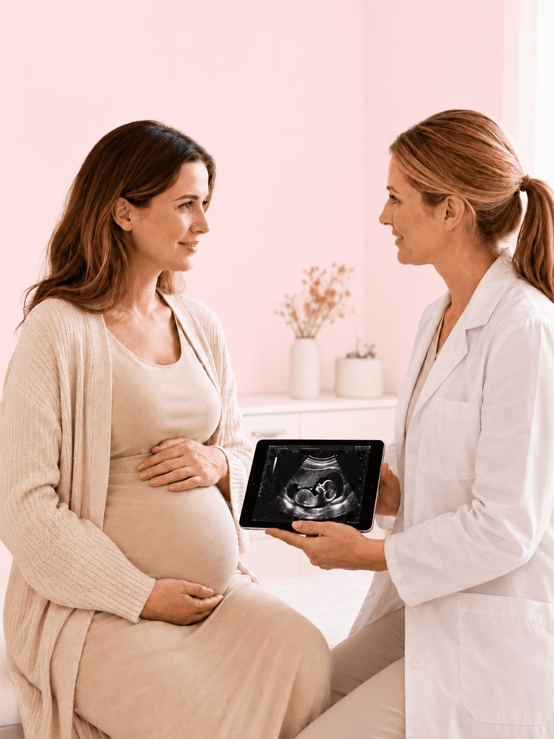 A pregnant woman having an ultrasound examination with a healthcare professional
