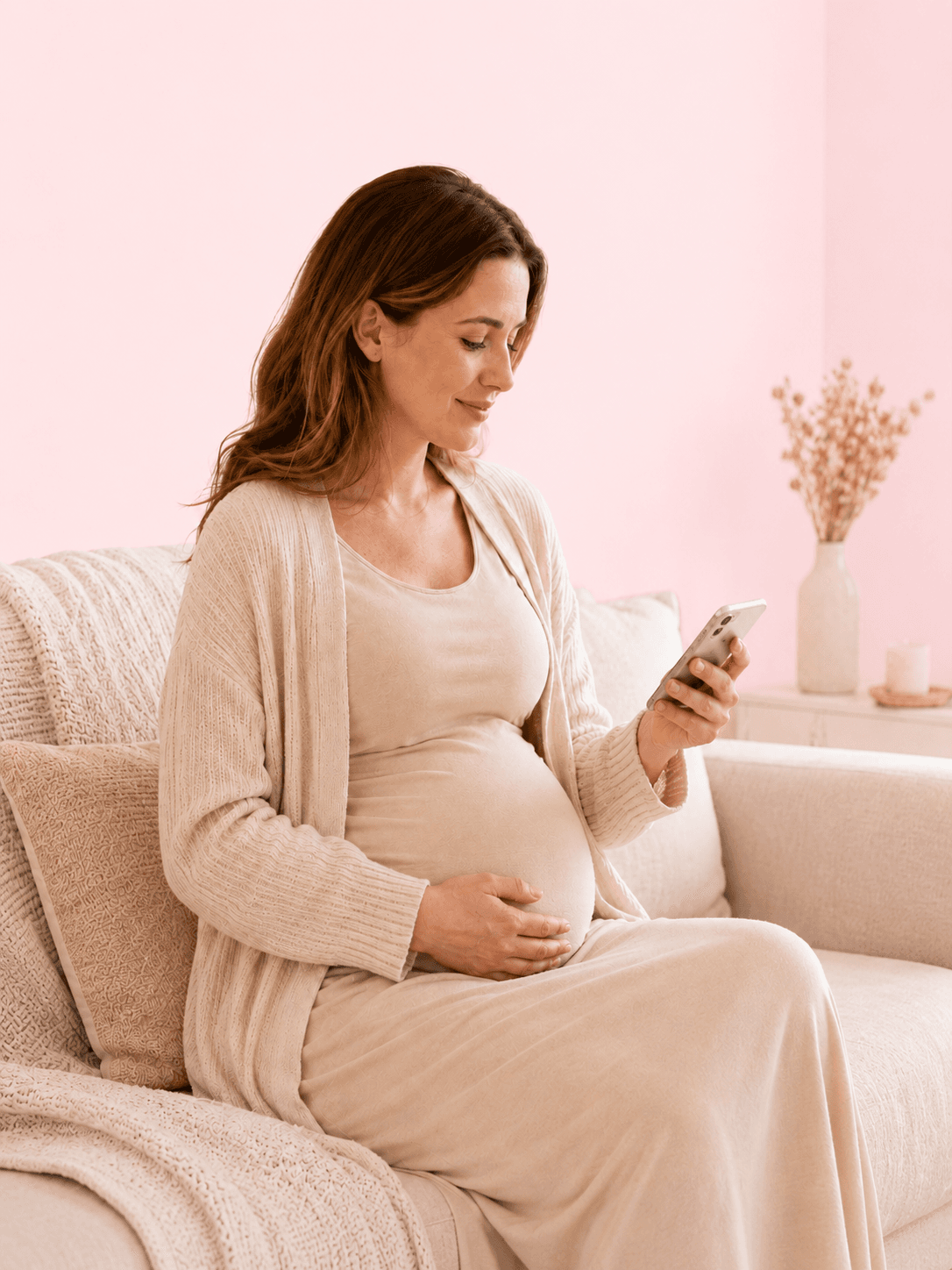 A pregnant woman using a smartphone while seated at home