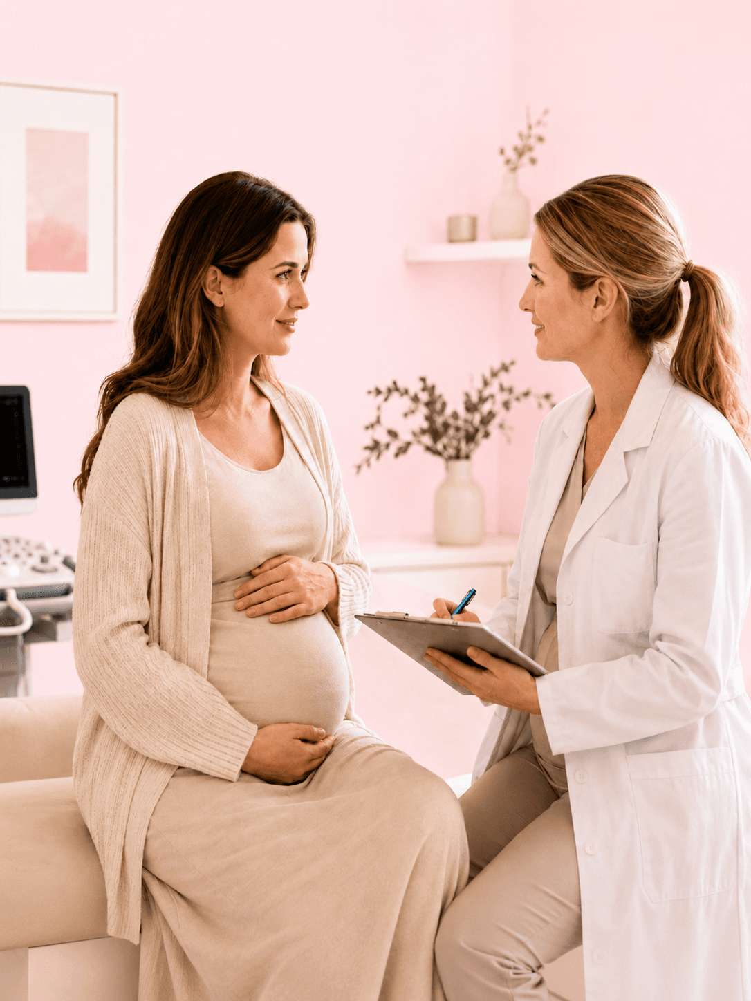 A healthcare professional reviewing an ultrasound image with a pregnant woman