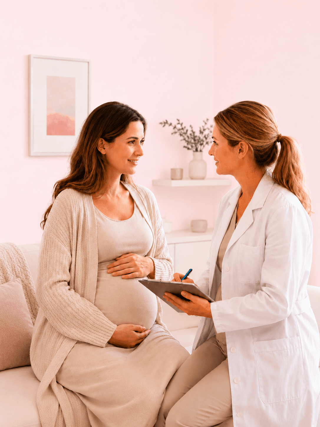 A healthcare professional reviewing an ultrasound image with a pregnant woman