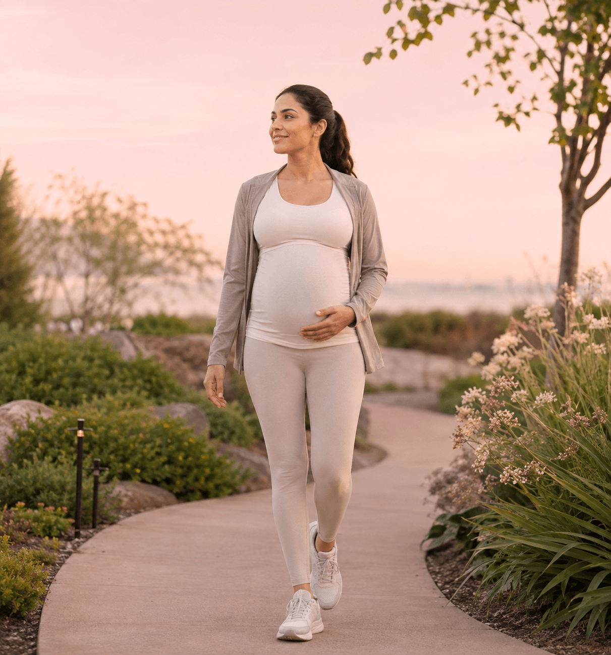 A pregnant woman walking outdoors