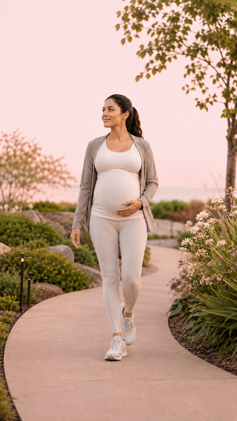 A pregnant woman walking outdoors