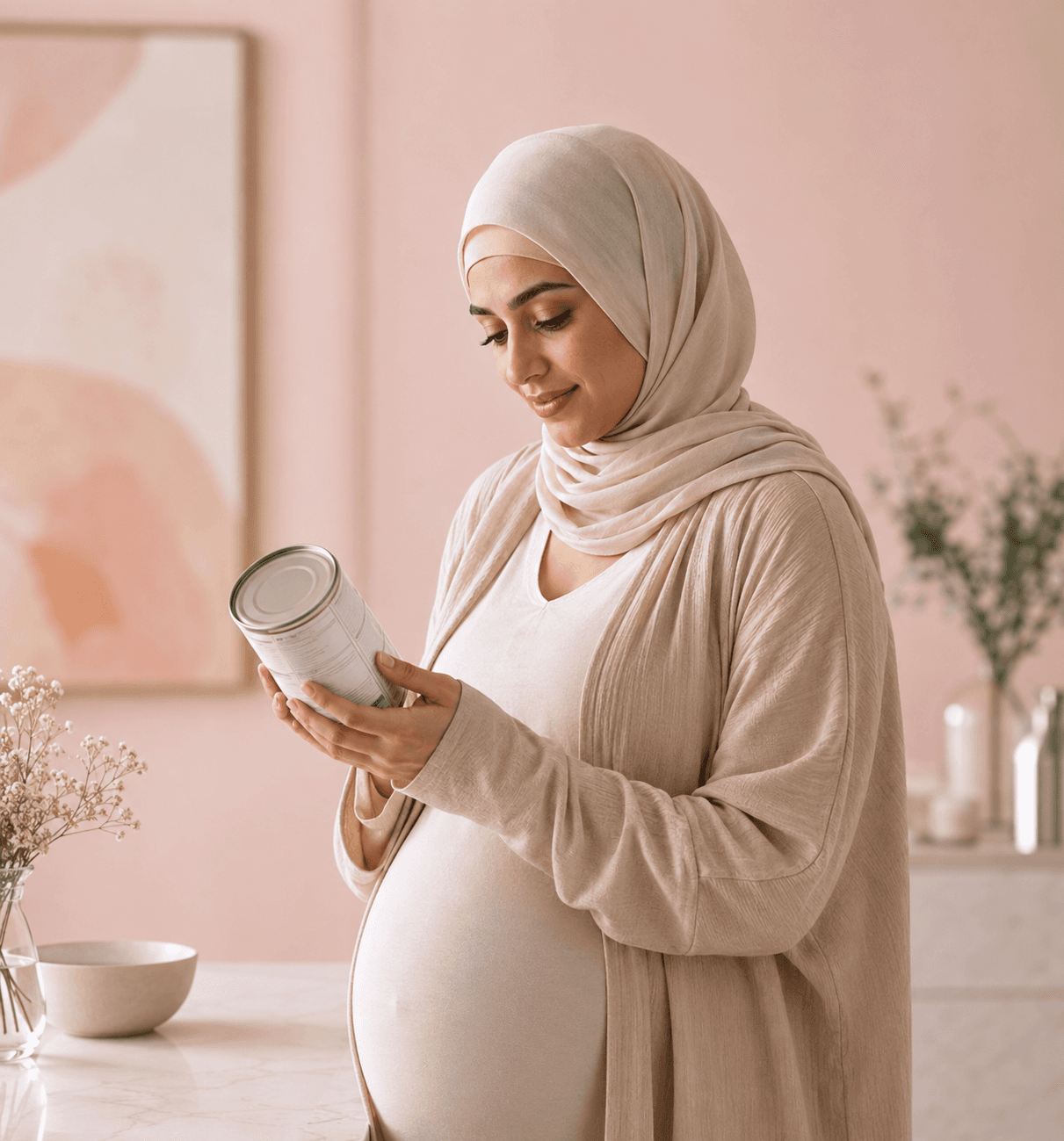 A pregnant woman reading the label on a food container