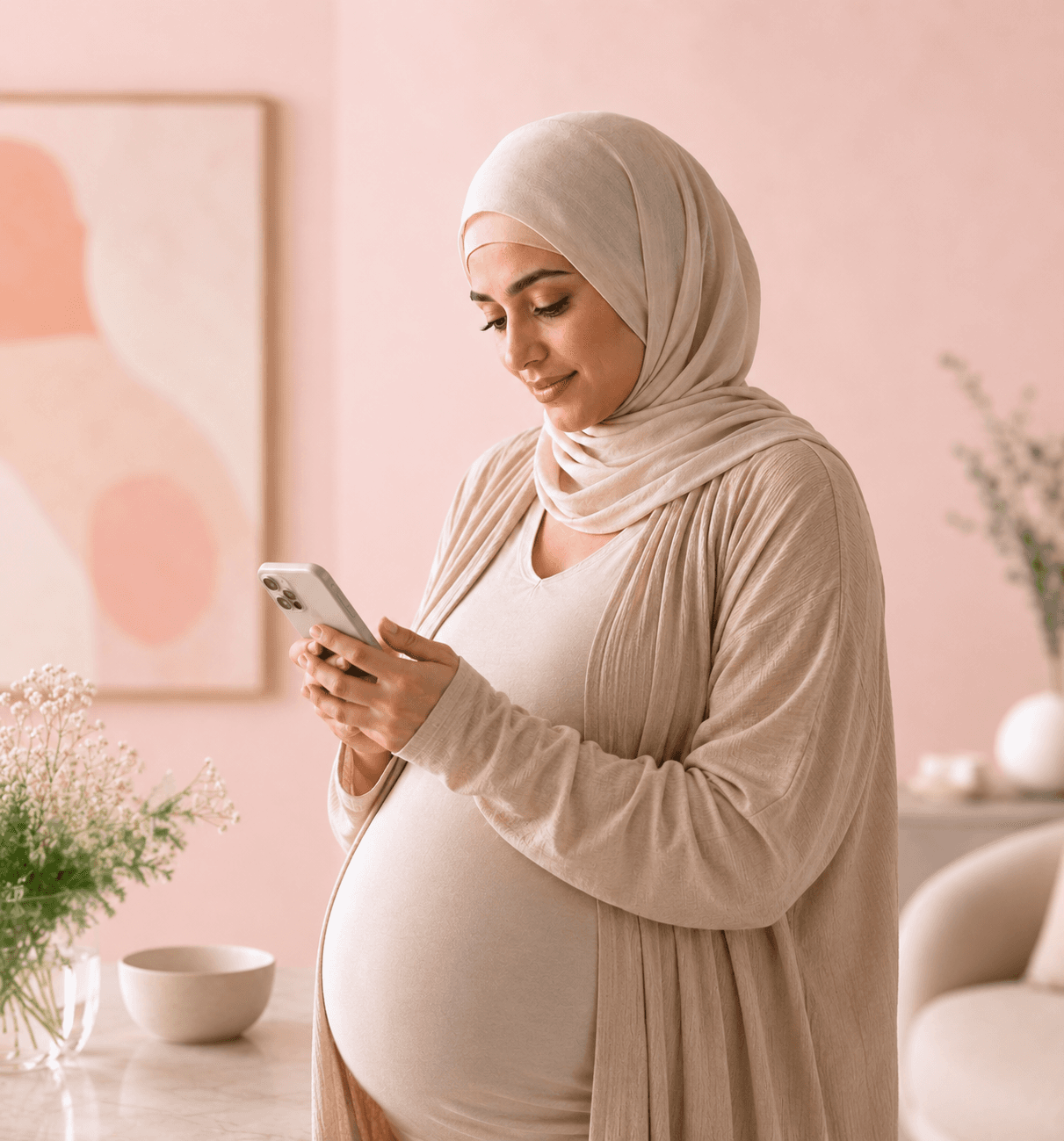 A pregnant woman using a smartphone