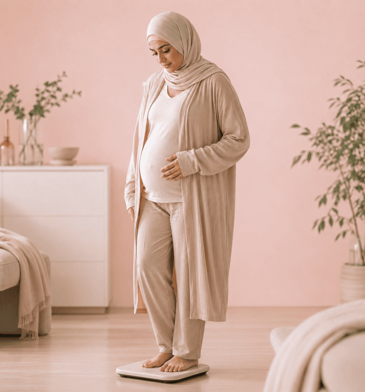 A pregnant woman standing on a scale