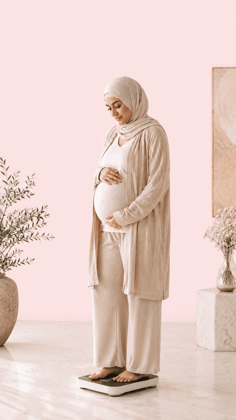 A pregnant woman standing on a scale