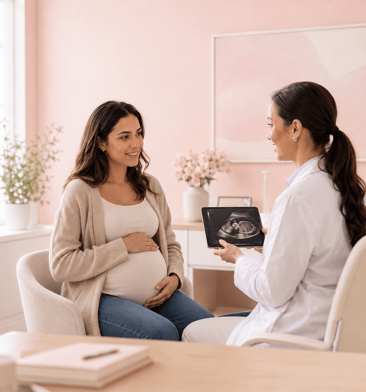A pregnant woman reviewing an ultrasound with a healthcare professional