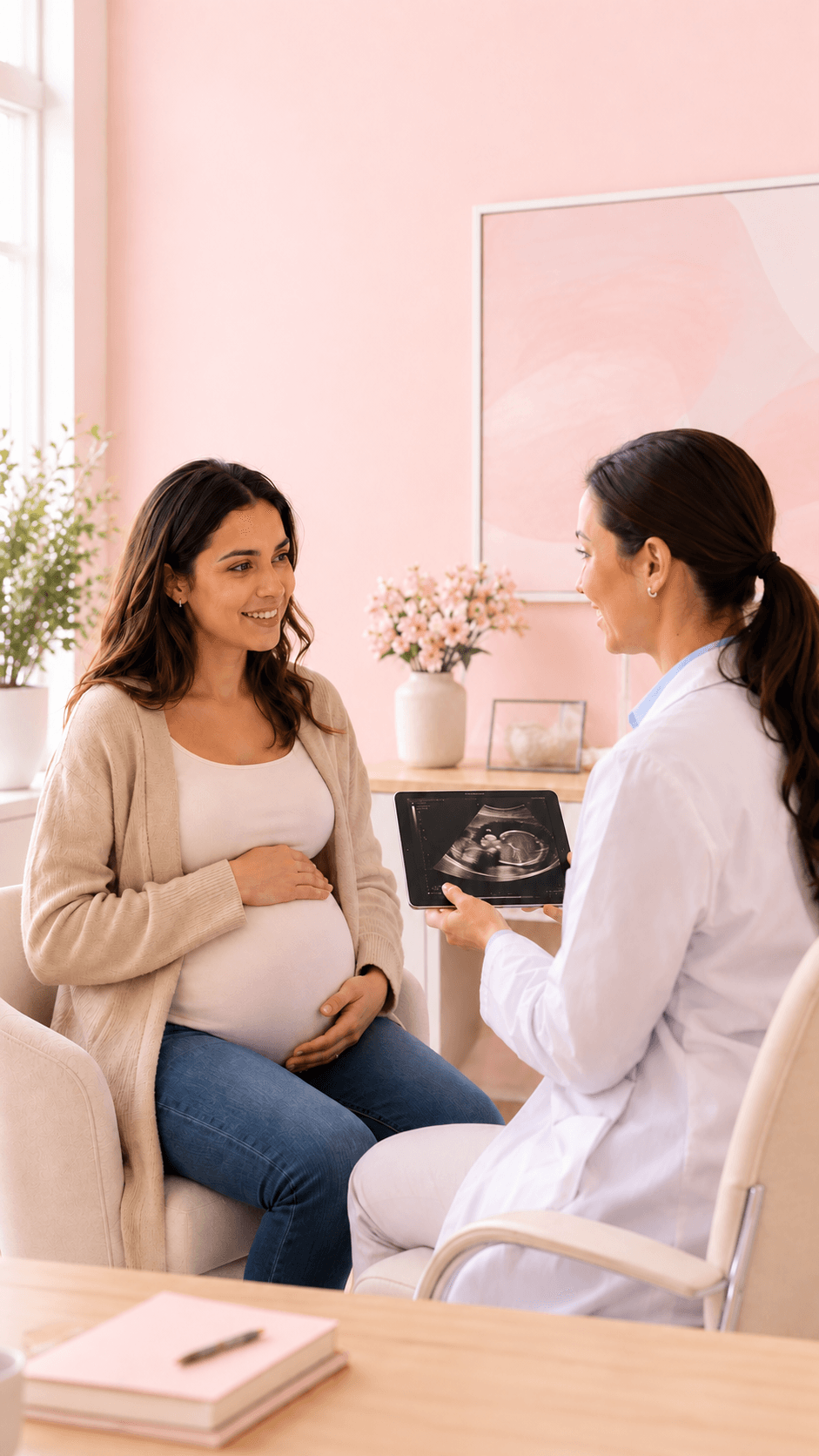 A pregnant woman reviewing an ultrasound with a healthcare professional