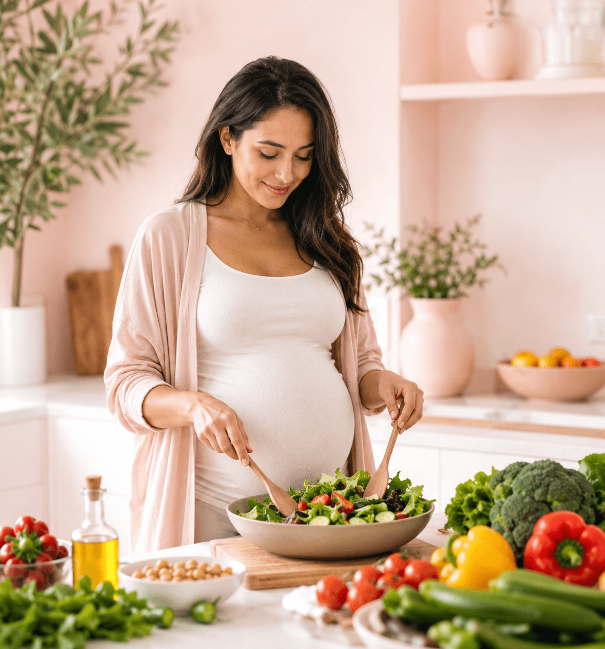 A pregnant woman preparing a fresh meal