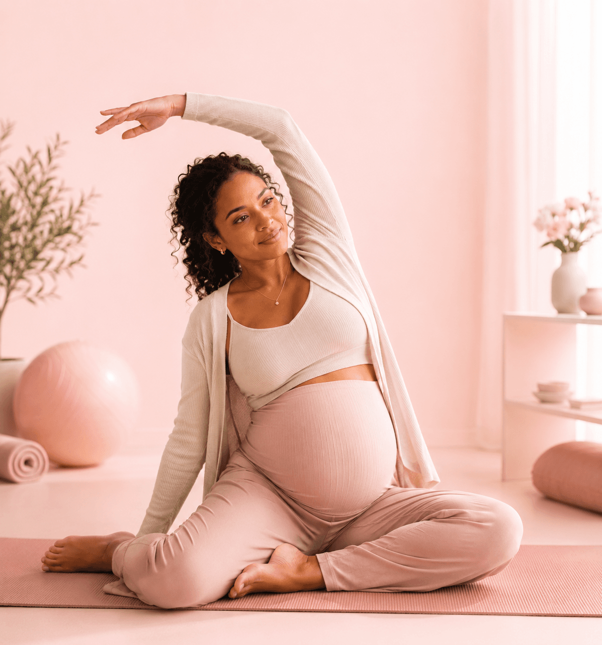 A pregnant woman stretching on an exercise mat