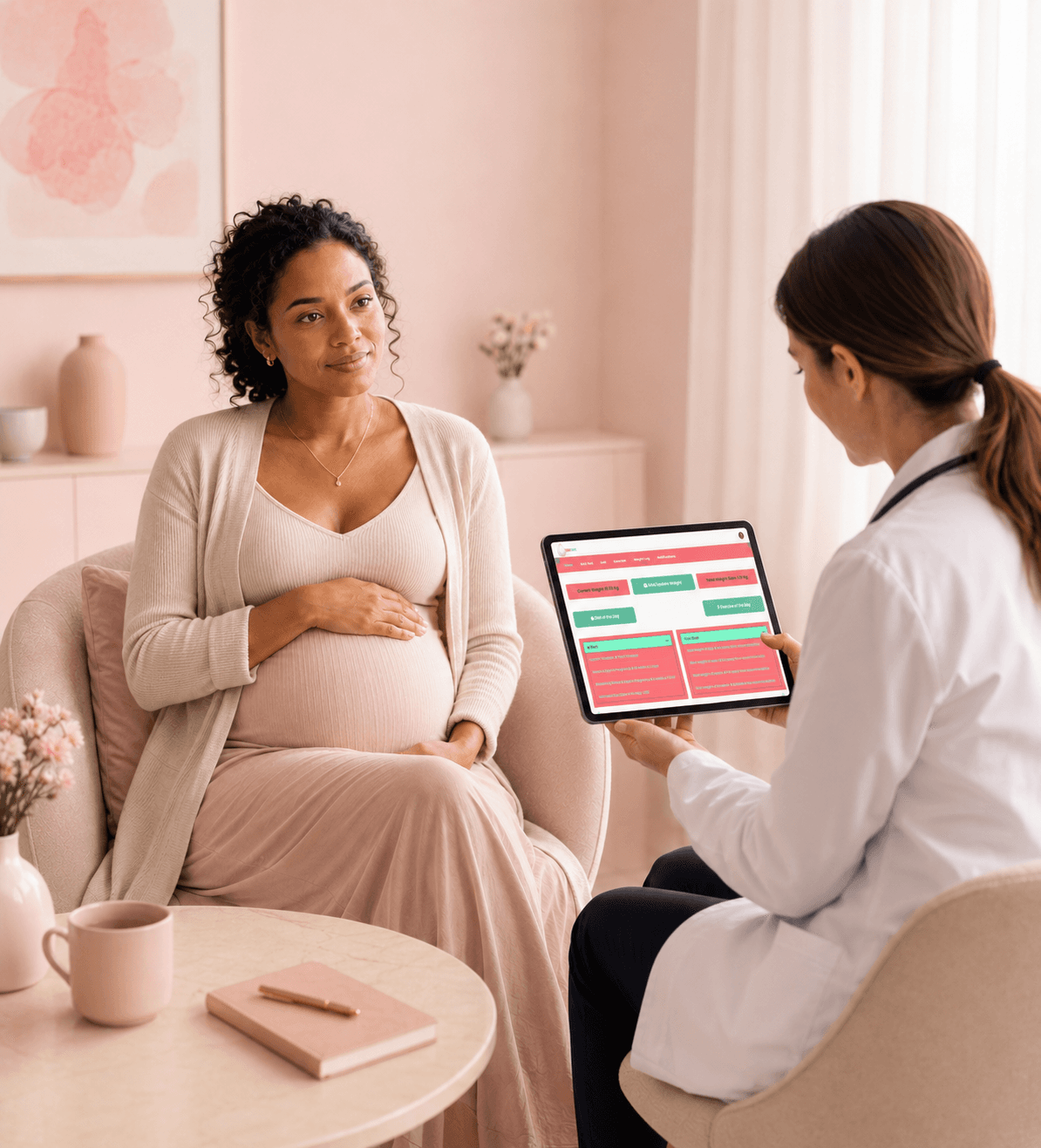 A pregnant woman speaking with a healthcare professional