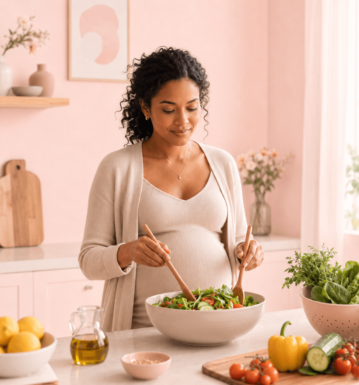 A pregnant woman enjoying a fresh fruit and salad meal