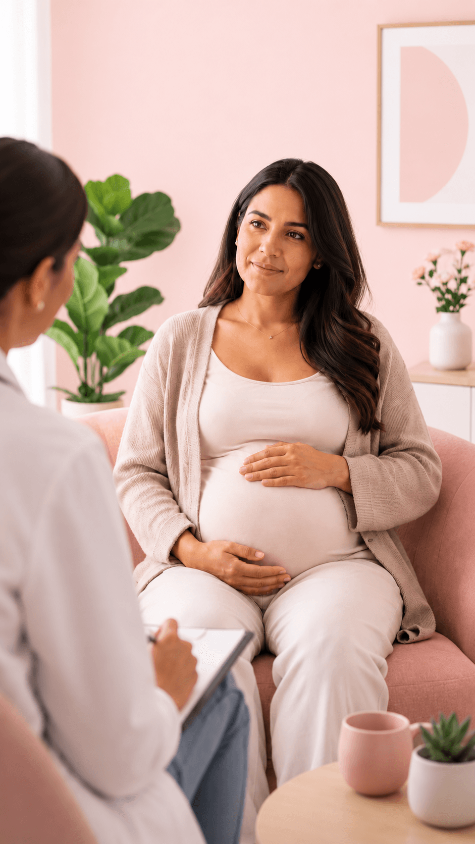 A pregnant woman speaking with a healthcare professional